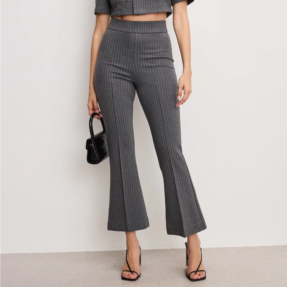 Good American Soft-Stretch Ponte Kick Flare Pants Gray Pinstripe XS